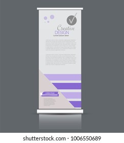 Roll up banner stand template. Abstract background for design,  business, education, advertisement. Vector  illustration. Purple color.