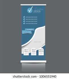 Roll up banner stand template. Abstract background for design,  business, education, advertisement. Vector  illustration. Blue color.
