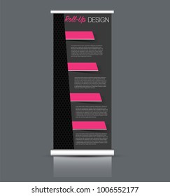 Roll up banner stand template. Abstract background for design,  business, education, advertisement. Vector  illustration. Black and pink and blue color.