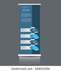 Roll up banner stand template. Abstract background for design,  business, education, advertisement. Vector  illustration. Blue color.