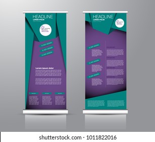 Roll up banner stand template. Abstract background for design,  business, education, advertisement. Green and purple color. Vector  illustration.
