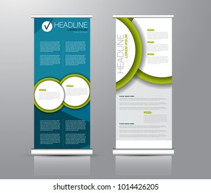 Roll up banner stand template. Abstract background for design,  business, education, advertisement. Green and blue color. Vector  illustration.