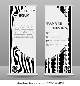 Roll up banner stand template. Abstract background for design, business, education, advertisement. Black and white color. Vector illustration
