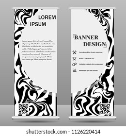 Roll up banner stand template. Abstract background for design, business, education, advertisement. Black and white color. Vector illustration