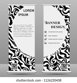 Roll up banner stand template. Abstract background for design, business, education, advertisement. Black and white color. Vector illustration