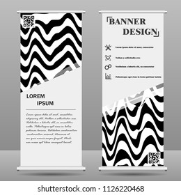 Roll up banner stand template. Abstract background for design, business, education, advertisement. Black and white color. Vector illustration