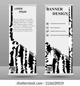 Roll up banner stand template. Abstract background for design, business, education, advertisement. Black and white color. Vector illustration
