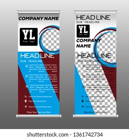 Roll up banner stand template. Abstract background for design, business, education, advertisement. Lite Blue & Maroon Color. Vector illustration. 
