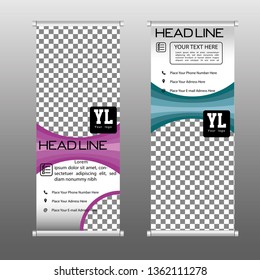 Roll up banner stand template. Abstract background for design, business, education, advertisement. Pink & Dark Green color. Vector illustration. 