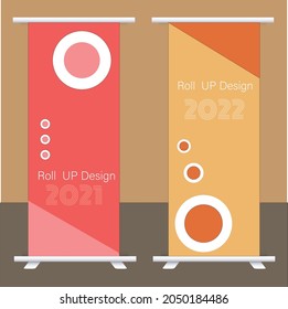 Roll up banner stand template. Abstract background for design, business, education, advertisement. Red and Orange color. Vector illustration.