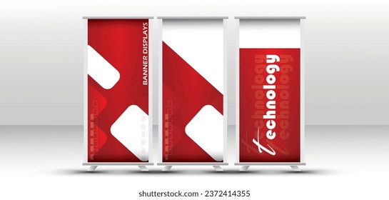 Roll up banner stand plantilla. Resumen de antecedentes para diseño, negocios, educación, publicidad. Color rojo. Ilustración vectorial. volante, presentación, volante, j-flag, x-stand, exposición, 