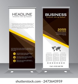 Roll up banner stand template with abstract background, roll up banner tempalte for business, education, advertisement. brown and yellow color roll up banner design. Vector illustration.