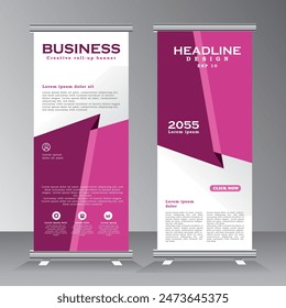 Roll up banner stand template with abstract background, roll up banner tempalte for business, education, advertisement. purple color roll up banner design. Vector illustration.