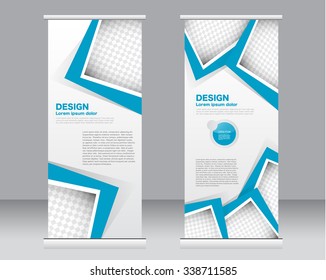 Roll up banner stand template. Abstract background for design,  business, education, advertisement.  Blue color. Vector  illustration.