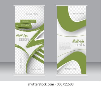 Roll up banner stand template. Abstract background for design,  business, education, advertisement.  Green color. Vector  illustration.