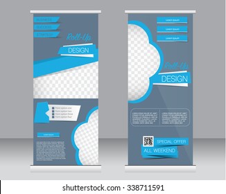 Roll up banner stand template. Abstract background for design,  business, education, advertisement.  Blue color. Vector  illustration.