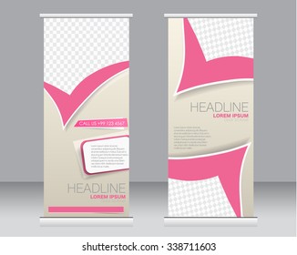 Roll up banner stand template. Abstract background for design,  business, education, advertisement.  Pink color. Vector  illustration.