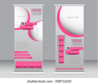 Roll up banner stand template. Abstract background for design,  business, education, advertisement.  Pink color. Vector  illustration.
