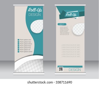 Roll up banner stand template. Abstract background for design,  business, education, advertisement.  Green color. Vector  illustration.