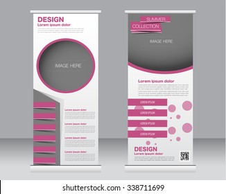 Roll up banner stand template. Abstract background for design,  business, education, advertisement.  Pink color. Vector  illustration.