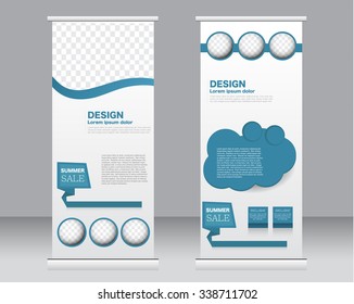 Roll up banner stand template. Abstract background for design,  business, education, advertisement.  Blue color. Vector  illustration.