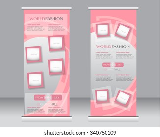 Roll up banner stand template. Abstract background for design,  business, education, advertisement.  Pink color. Vector  illustration.