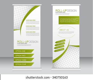Roll up banner stand template. Abstract background for design,  business, education, advertisement.  Green color. Vector  illustration.