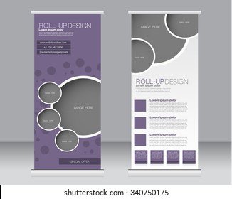 Roll up banner stand template. Abstract background for design,  business, education, advertisement.  Purple color. Vector  illustration.