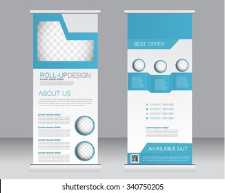 Roll up banner stand template. Abstract background for design,  business, education, advertisement.  Blue color. Vector  illustration.