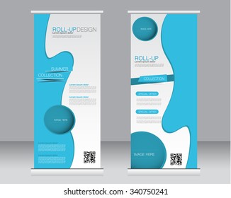 Roll up banner stand template. Abstract background for design,  business, education, advertisement.  Blue color. Vector  illustration.