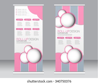 Roll up banner stand template. Abstract background for design,  business, education, advertisement.  Pink and grey color. Vector  illustration.