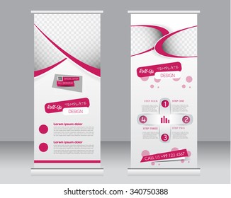Roll up banner stand template. Abstract background for design,  business, education, advertisement.  Red color. Vector  illustration.