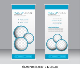Roll up banner stand template. Abstract background for design,  business, education, advertisement.  Blue color. Vector  illustration.