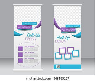Roll up banner stand template. Abstract background for design,  business, education, advertisement.  Purple and blue color. Vector  illustration.