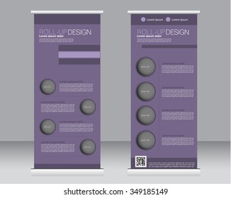 Roll up banner stand template. Abstract background for design,  business, education, advertisement.  Purple color. Vector  illustration.