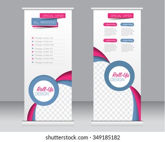 Roll up banner stand template. Abstract background for design,  business, education, advertisement.  Pink and green color. Vector  illustration.