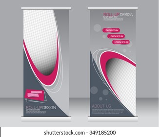 Roll up banner stand template. Abstract background for design,  business, education, advertisement.  Grey and pink color. Vector  illustration.