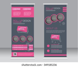 Roll up banner stand template. Abstract background for design,  business, education, advertisement.  Grey and pink color. Vector  illustration.