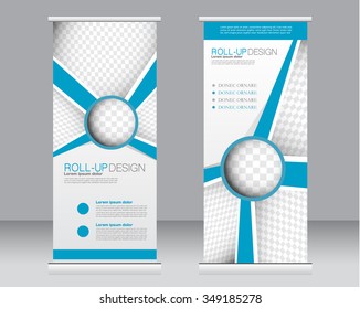 Roll Up Banner Stand Template. Abstract Background For Design,  Business, Education, Advertisement.  Blue Color. Vector  Illustration.