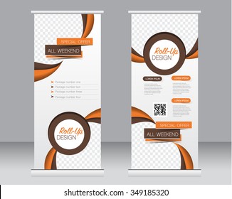 Roll up banner stand template. Abstract background for design,  business, education, advertisement.  Brown and orange color. Vector  illustration.