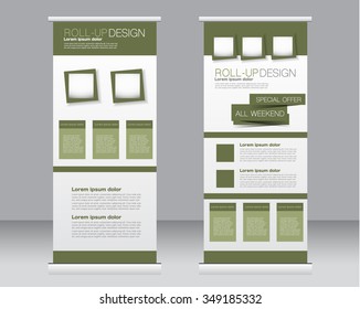 Roll up banner stand template. Abstract background for design,  business, education, advertisement.  Green color. Vector  illustration.