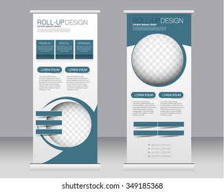 Roll up banner stand template. Abstract background for design,  business, education, advertisement.  Blue color. Vector  illustration.