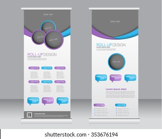 Roll up banner stand template. Abstract background for design,  business, education, advertisement.  Purple and blue color. Vector  illustration