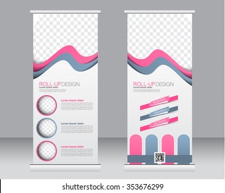 Roll up banner stand template. Abstract background for design,  business, education, advertisement.  Pink and brown color. Vector  illustration