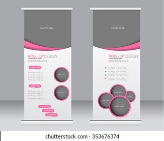 Roll up banner stand template. Abstract background for design,  business, education, advertisement.  Pink color. Vector  illustration