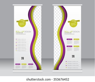 Roll up banner stand template. Abstract background for design,  business, education, advertisement.  Purple and yellow color. Vector  illustration