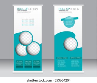 Roll up banner stand template. Abstract background for design,  business, education, advertisement.  Green color. Vector  illustration.