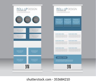 Roll up banner stand template. Abstract background for design,  business, education, advertisement.  Blue color. Vector  illustration.