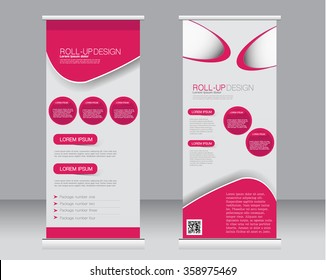 Roll up banner stand template. Abstract background for design,  business, education, advertisement.  Pink color. Vector  illustration.