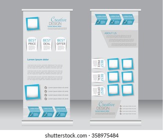 Roll up banner stand template. Abstract background for design,  business, education, advertisement.  Blue color. Vector  illustration.